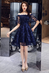 Navy Blue Lace High Low Party Dress Homecoming Dress, Navy Blue Prom Dress