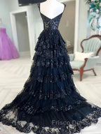 Navy Blue Lace Layered A Line Formal Prom Dress