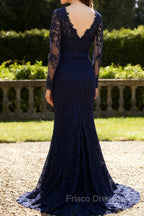 Navy Blue Lace Long Sleeves Applique Mermaid Long Fromal Prom Dress