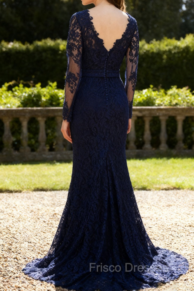Navy Blue Lace Long Sleeves Applique Mermaid Long Fromal Prom Dress