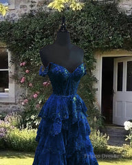 Navy Blue Lace Ruffles Split Dress