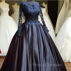 Navy Blue Long Sleeve Formal Prom Dress Appliques Beaded Ball Gown