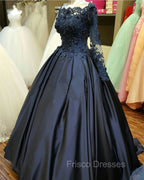 Navy Blue Long Sleeve Formal Prom Dress Appliques Beaded Ball Gown