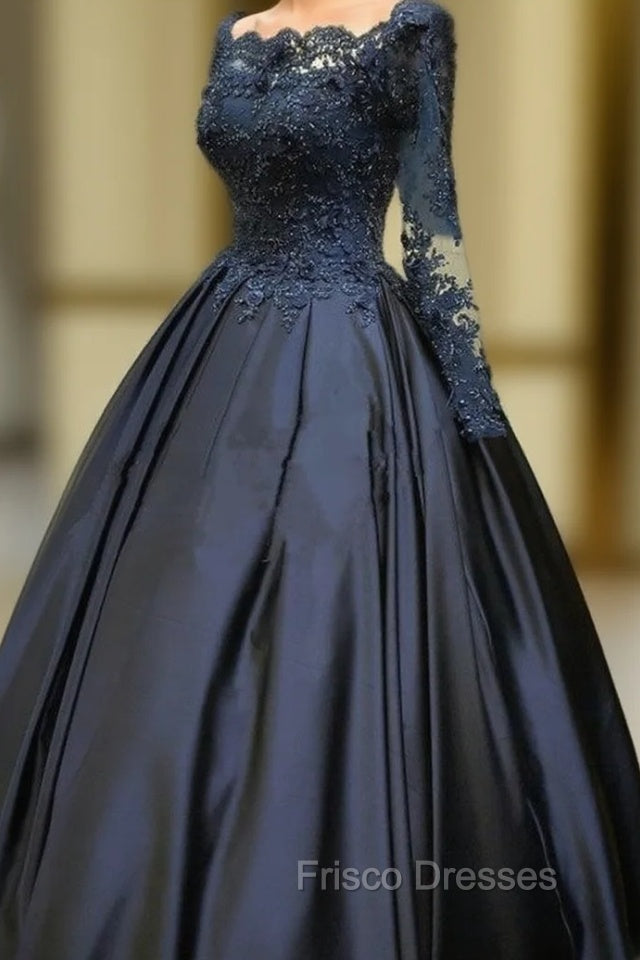 Navy Blue Long Sleeve Formal Prom Dress Appliques Beaded Ball Gown