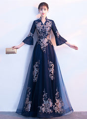 Navy Blue Long Sleeves A-Line Party Dress, Navy Blue Bridesmaid Dress Prom Dress