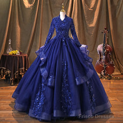 Navy Blue Long Sleeves Party Dress Prom Dress, Tulle With Lace Formal Dresses