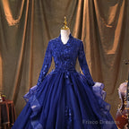 Navy Blue Long Sleeves Party Dress Prom Dress, Tulle With Lace Formal Dresses