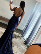 Navy Blue Mermaid Deep V-Neck Beaded Satin Long Prom Dress