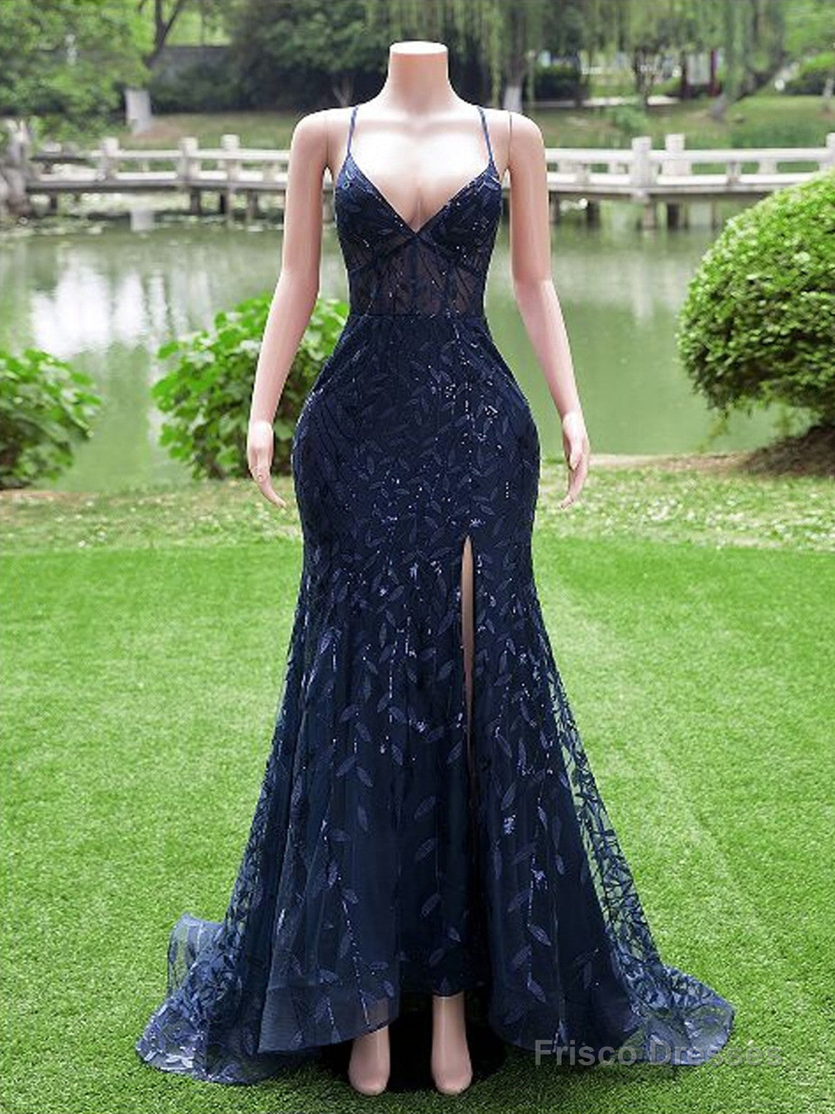 Navy Blue Mermaid Long Prom Dress With Leg Slit, Navy Blue Party Dress