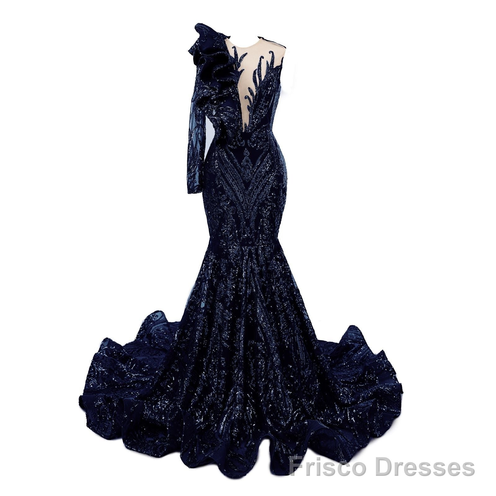 Navy Blue Mermaid One Sleeve Prom Dresses Sequined Lace Jewel Ruffles Evening Party Dress with Appliques Main image
