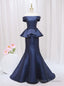Navy Blue Mermaid Satin Off the Shoulder Prom Dress