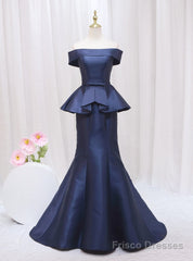 Navy Blue Mermaid Satin Off the Shoulder Prom Dress