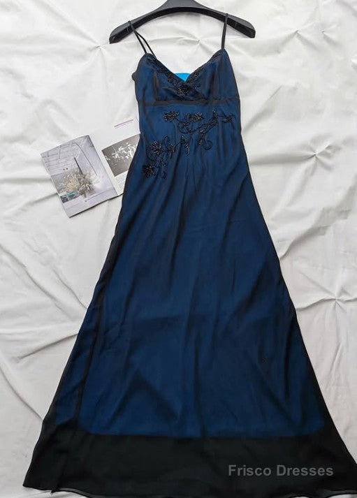 Navy Blue Mermaid Spaghetti Strap Tulle Beading Long Prom Dress V-Neck Graduation Prom Adult Ceremony Dress