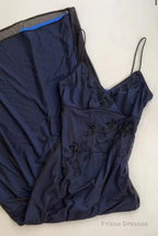 Navy Blue Mermaid Spaghetti Strap Tulle Beading Long Prom Dress V-Neck Graduation Prom Adult Ceremony Dress