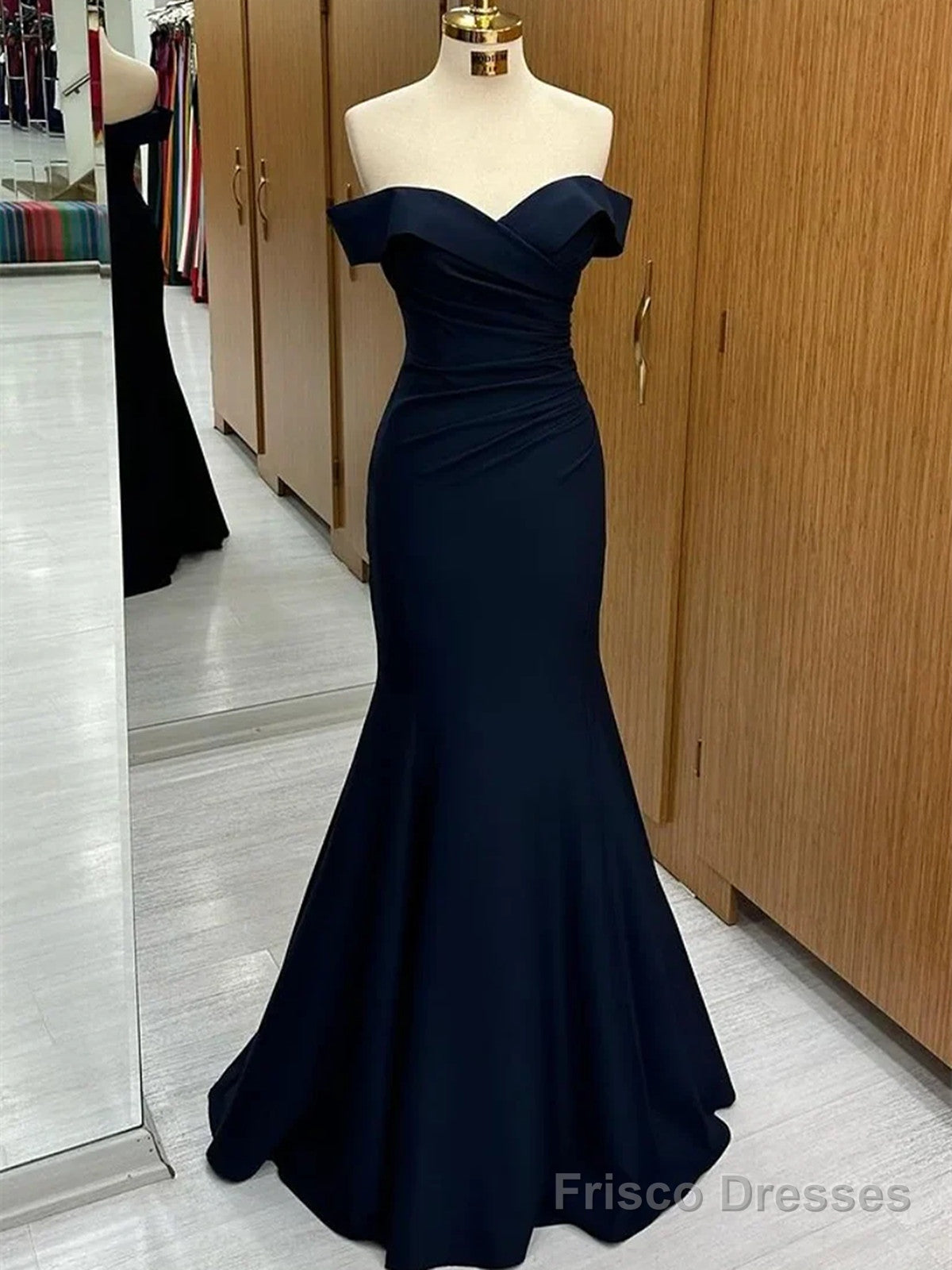 Navy Blue Mermaid Spandex Off Shoulder Party Dress, Navy Blue Prom Dress Main image