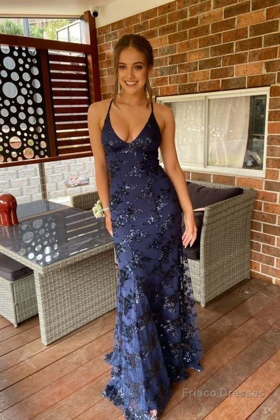Navy Blue Mermaid Tulle And Sequins Long Formal Prom Dress With V Neckline And Lace Up Back Main image
