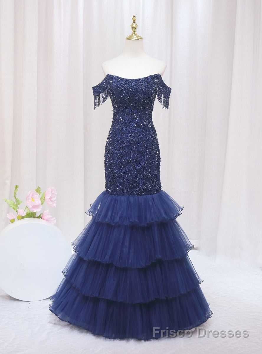 Navy Blue Mermaid Tulle Beading Off the Shoulder Prom Dress Main image