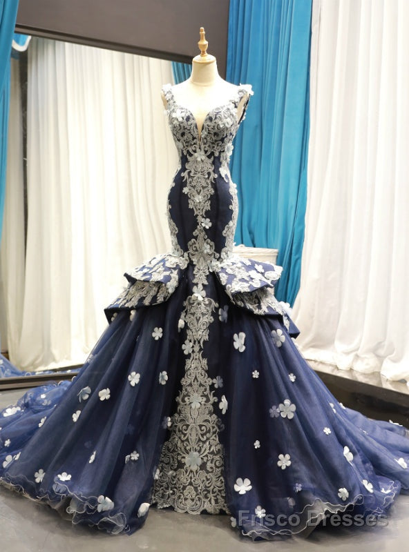 Navy Blue Mermaid Tulle Lace Appliques V-neck Backless Prom Dress