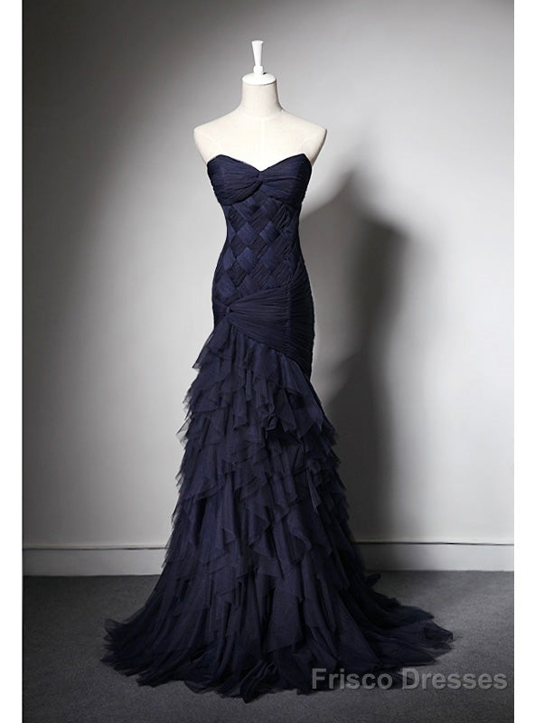 Navy Blue Mermaid Tulle Strapless Pleats Prom Dress Main image