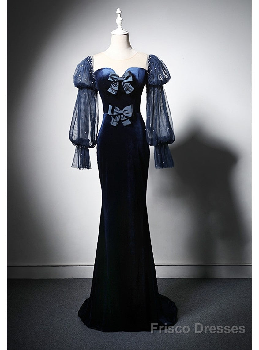 Navy Blue Mermaid Velvet Long Sleeve Prom Dress