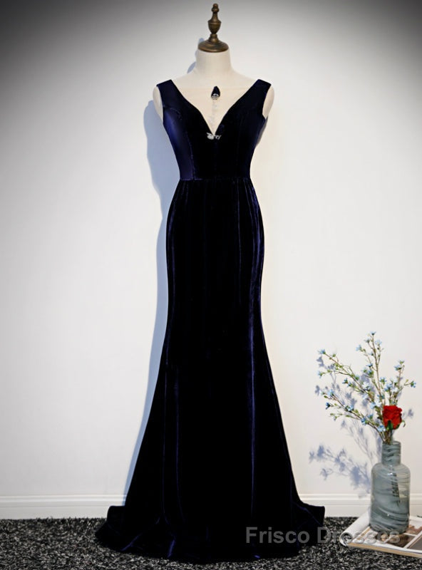 Navy Blue Mermaid Velvet See Through V-neck Prom Dress Main image