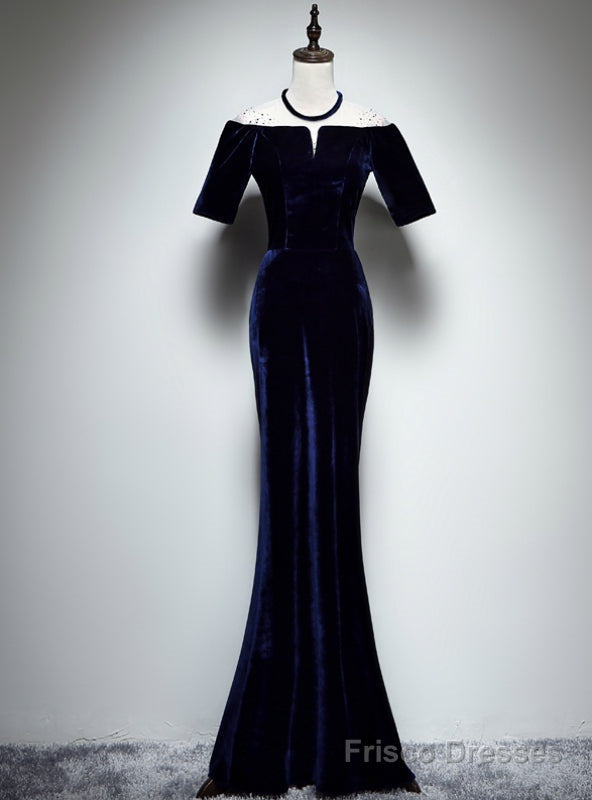 Navy Blue Mermaid Velvet Short Sleeve Prom Dress Main image