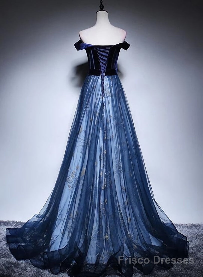Navy Blue Off Shoulder Long Party Dress, Long Prom Dress