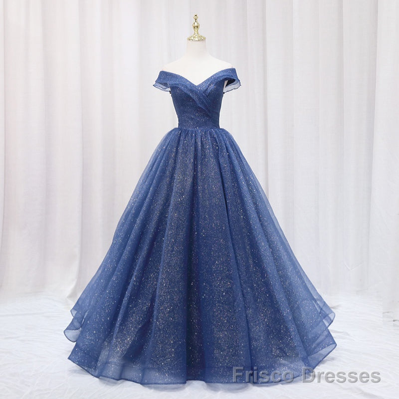Navy Blue Off Shoulder Shiny Tulle Floor Length Prom Dress, Blue Prom Dress Main image