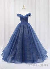Navy Blue Off Shoulder Shiny Tulle Floor Length Prom Dress, Blue Prom Dress