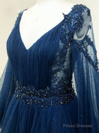 Navy Blue Puffy Sleeves Tulle With Beadings Long Party Dress, Blue Long Prom Dress