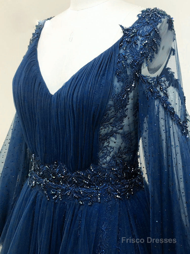 Navy Blue Puffy Sleeves Tulle With Beadings Long Party Dress, Blue Long Prom Dress
