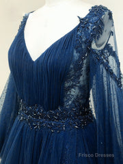 Navy Blue Puffy Sleeves Tulle With Beadings Long Party Dress, Blue Long Prom Dress