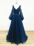 Navy Blue Puffy Sleeves Tulle With Beadings Long Party Dress, Blue Long Prom Dress