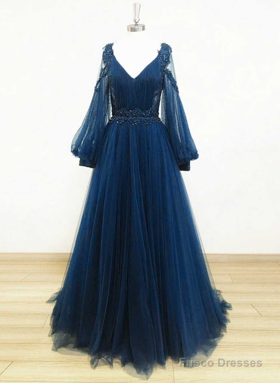 Navy Blue Puffy Sleeves Tulle With Beadings Long Party Dress, Blue Long Prom Dress