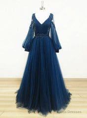 Navy Blue Puffy Sleeves Tulle With Beadings Long Party Dress, Blue Long Prom Dress