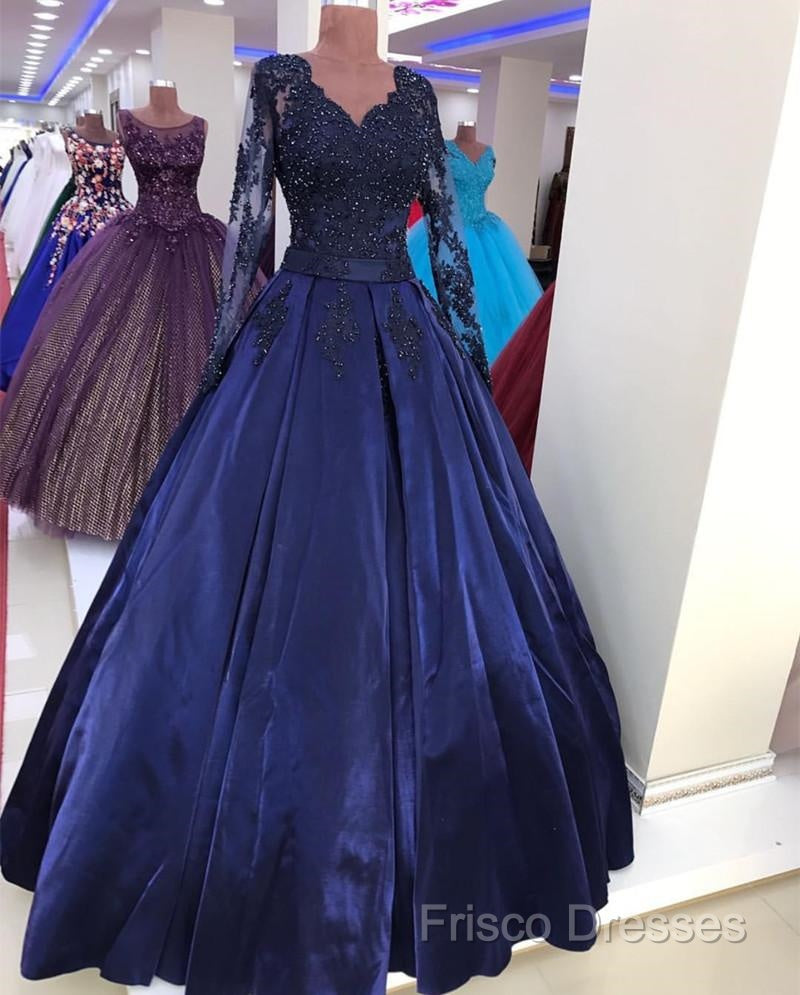 Navy Blue Satin Ball Gown Formal Prom Dress Lace Long Sleeves Secondary image