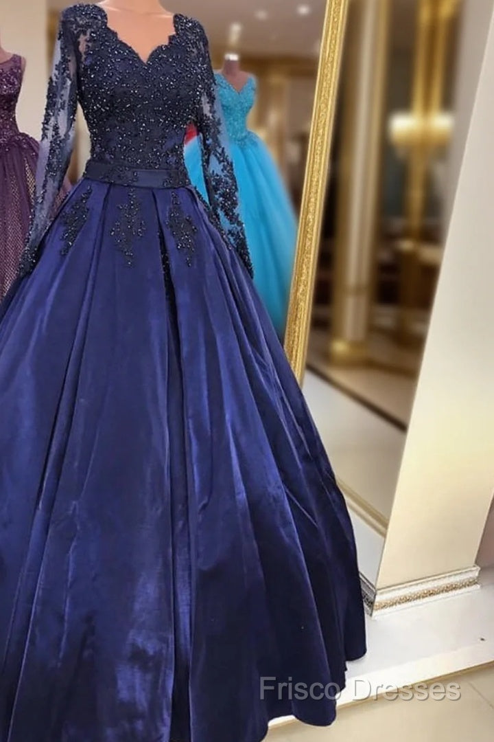 Navy Blue Satin Ball Gown Formal Prom Dress Lace Long Sleeves Main image