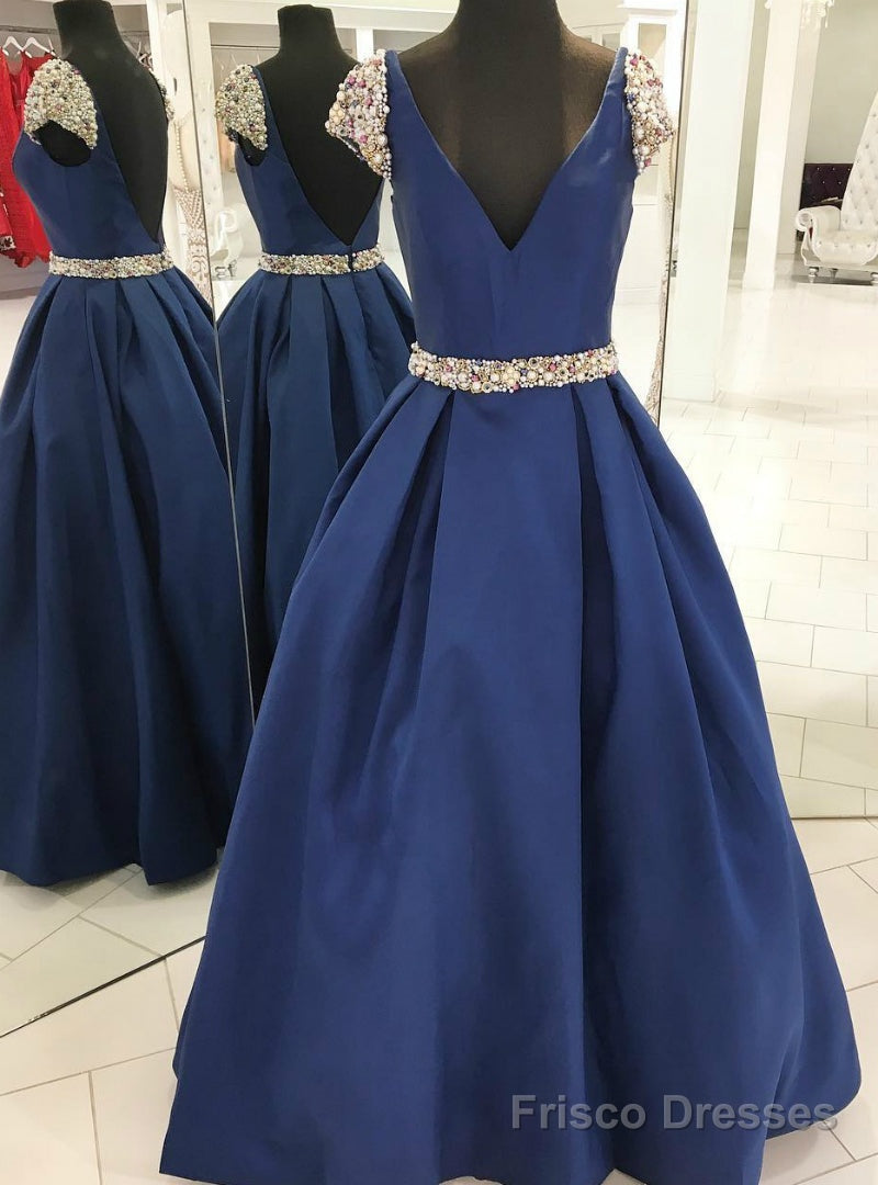 Navy Blue Satin Deep V--neck Backless Cap Sleeve Beading Prom Dress Main image
