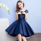 Navy Blue Satin Homecoming Dress With Lace Appliques, Blue Dark Navy Short Party Dress Prom Dress