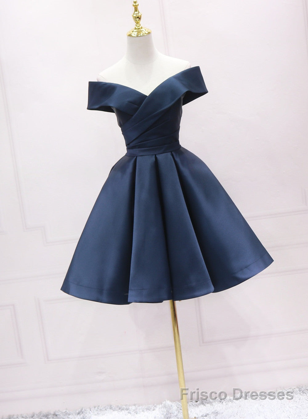 Navy Blue Satin Off Shoulder Bridesmaid Dress Party Dress, Short Prom Dress Main image
