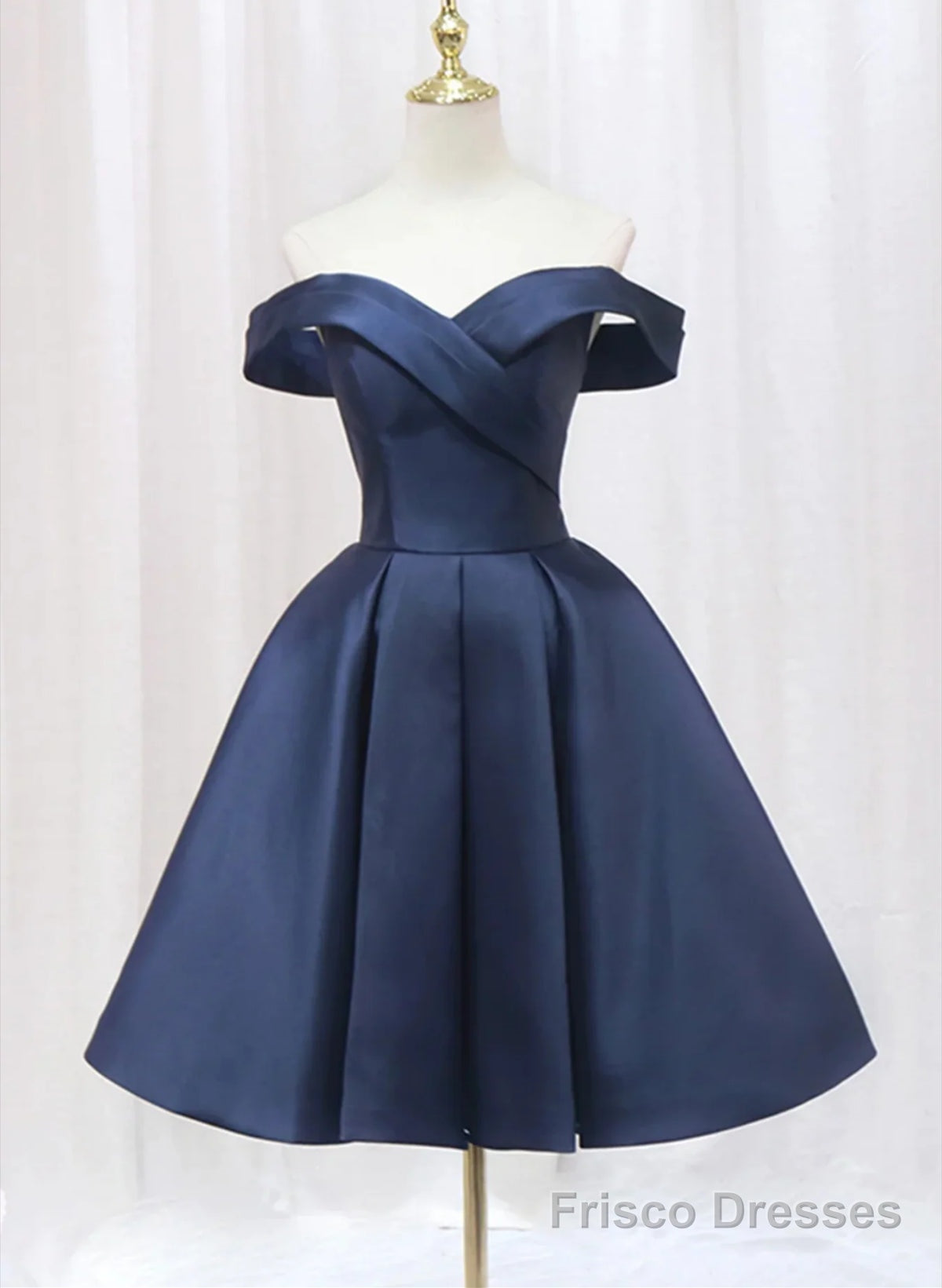 Navy Blue Satin Off Shoulder Knee Length Party Dress, Navy Blue Homecoming Dress Main image