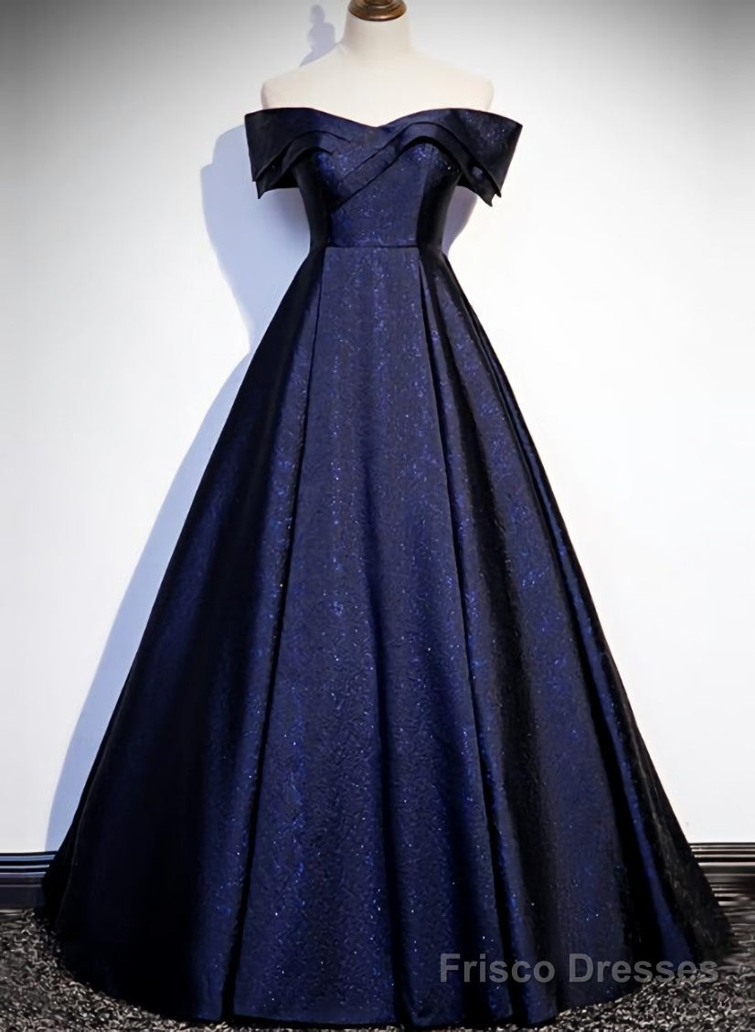 navy dinner dress blues Blue Satin Off Shoulder Long Prom Dress, Blue A-line Formal – Frisco Dresses Yolandus - Long-Sleeve Striped A tasteful slit on thin stap Size_Apparel:42