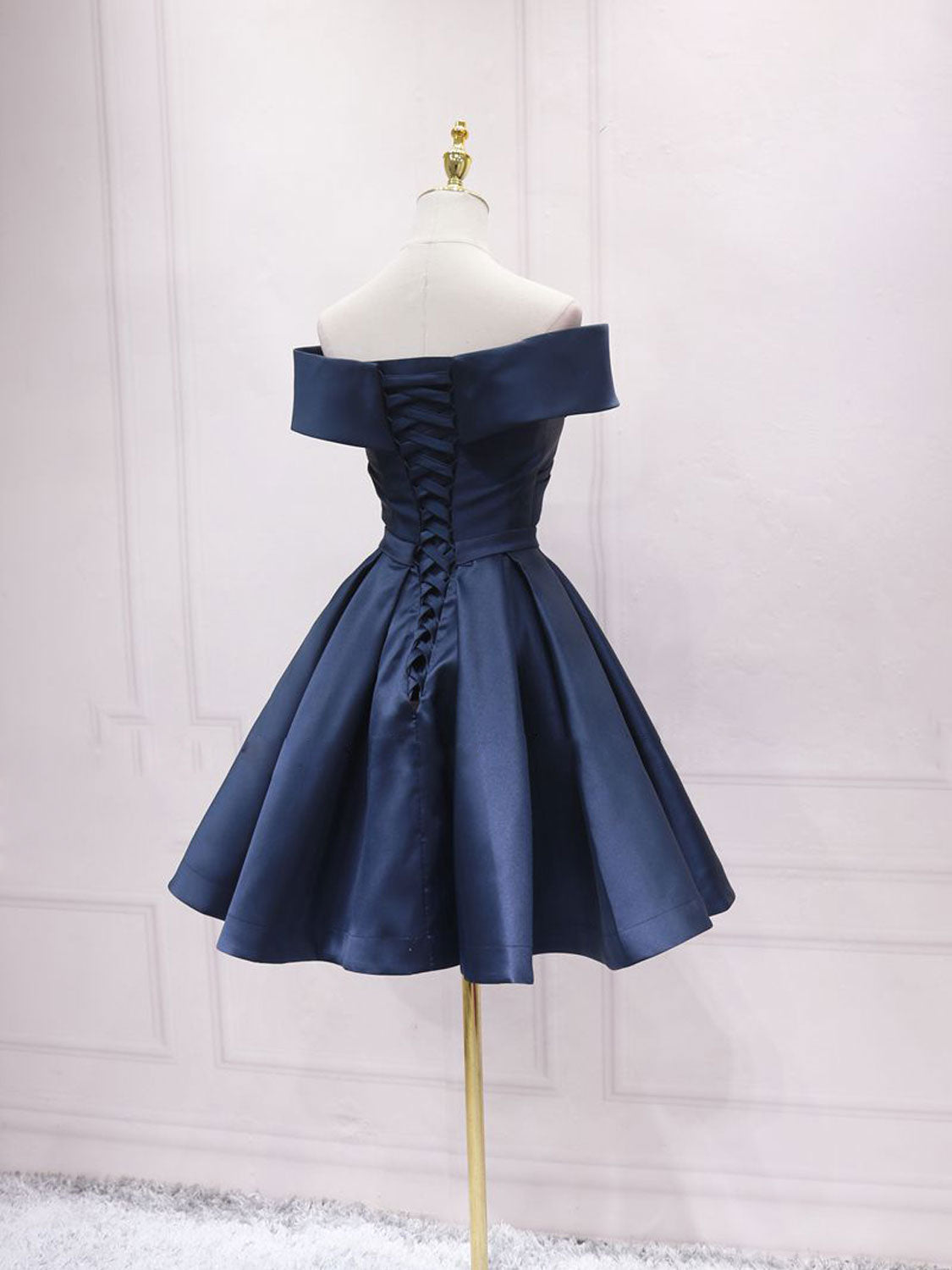 Navy Blue Satin Off Shoulder Short Graduation Dress, Blue Satin Prom D