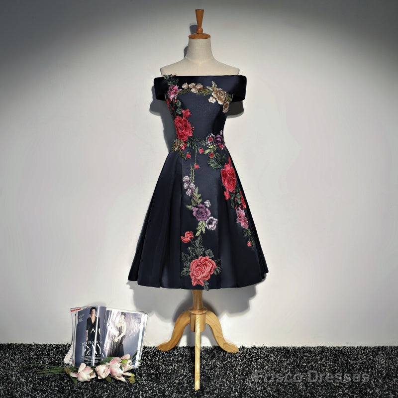 Navy Blue Satin Short Party Dress With Embroidery, Blue Off Shoulder Party Dress