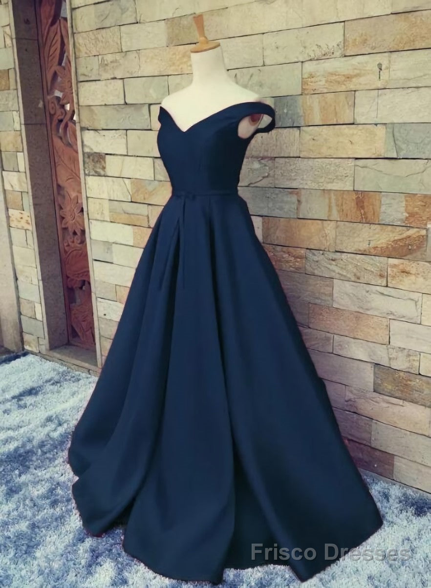 Navy Blue Satin Sweetheart A-line Handmade Formal Dress, Blue Long Prom Dress Main image