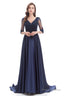Navy Blue Satin V-neck Short Sleeve Beading Prom Dresses
