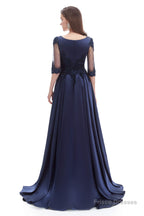 Navy Blue Satin V-neck Short Sleeve Beading Prom Dresses