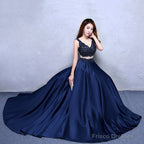 Navy Blue Satin With Lace Beaded Long Junior Prom Dress, Blue Satin Party Dresses