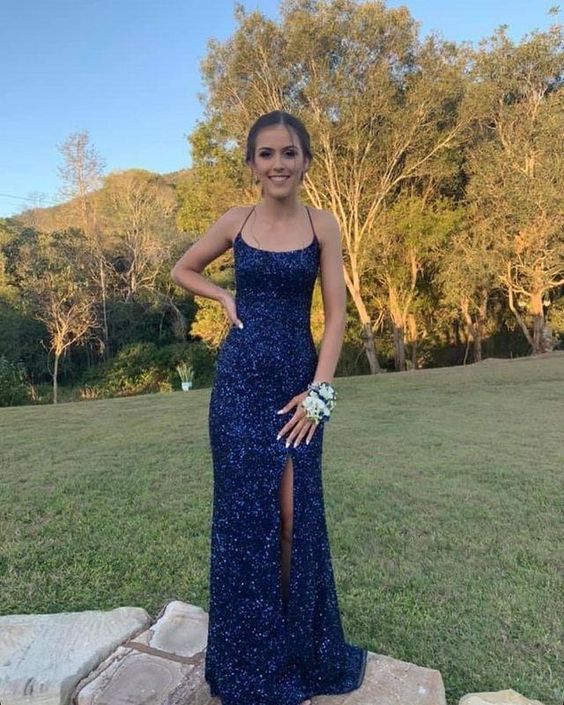 Navy Blue Sequin Long Prom Dresses Mermaid Cross Back Evening Party Dresses Main image