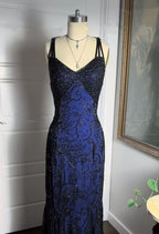 Navy Blue Shiny Elegant Exquisite Beaded Applique Straps Long Tulle Sequins Ball Gown Evening Dress Party Dress